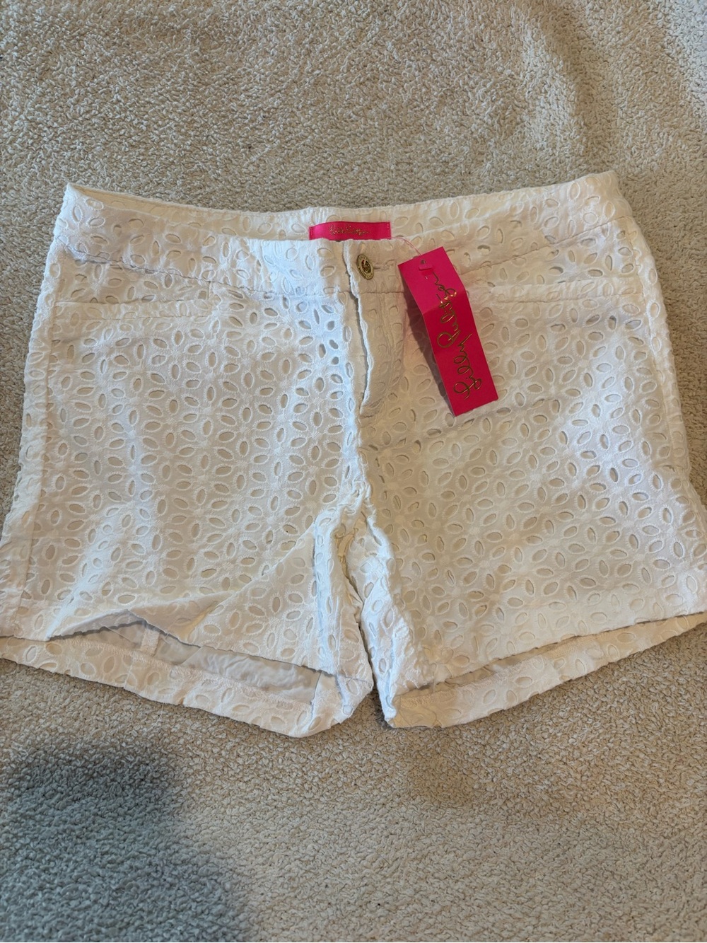 Lilly Pulitzer White Eyelet High-Waist Shorts with Pink Tag